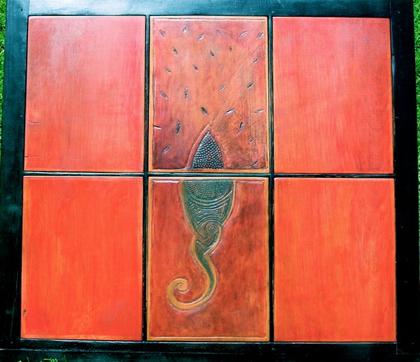 "Snail Spoken" media: shrubbi (found window sash, mixed media, carving) $1200